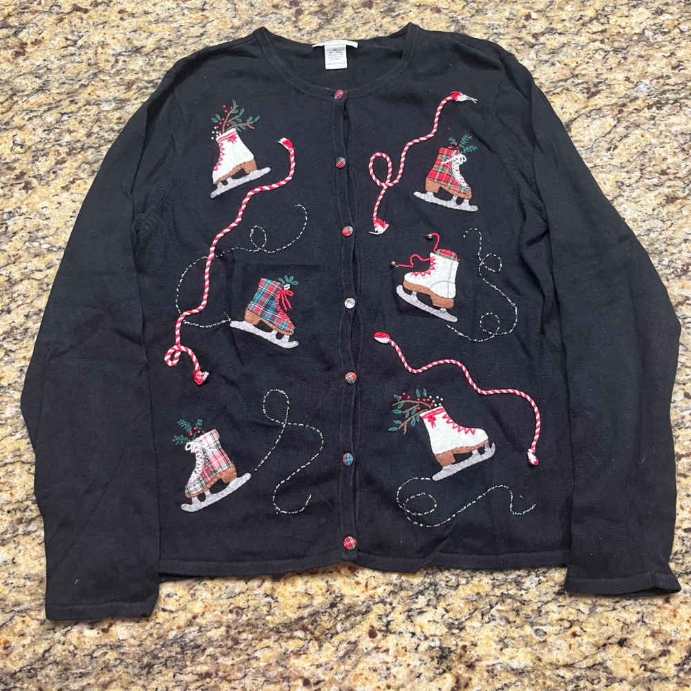 Cambridge Dry Goods Christmas Cardigan XL Black Ice Skate Jingle Bell Vintage